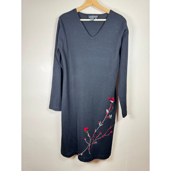VTG Carole Little Sweater Dress XL Black Floral Embroidery Romantic Wool 90s - Picture 2 of 8